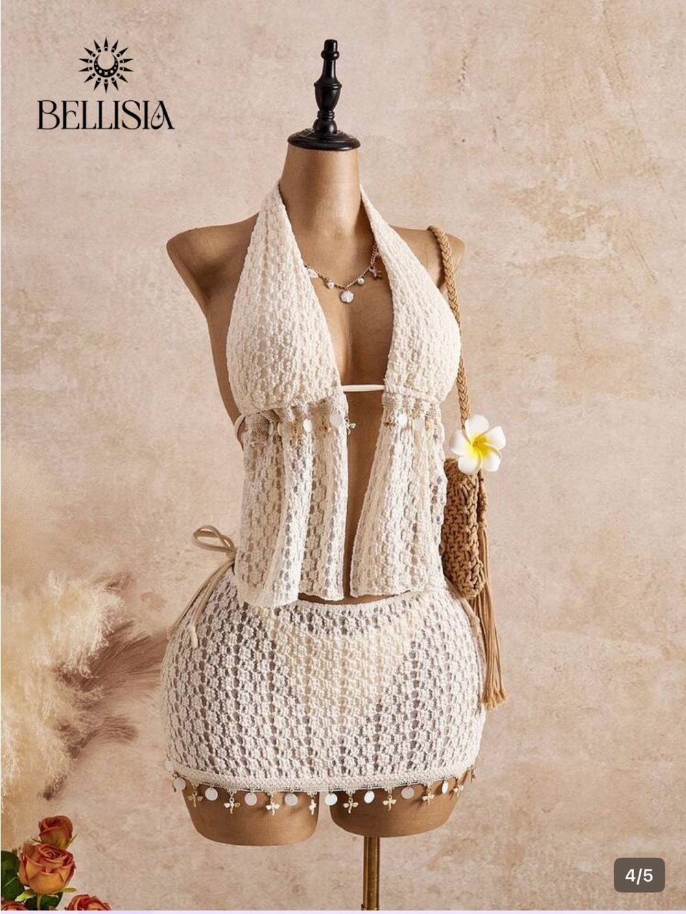 SHEIN Cream Crochet Halter Swim Coverup Set - Picture 4 of 5